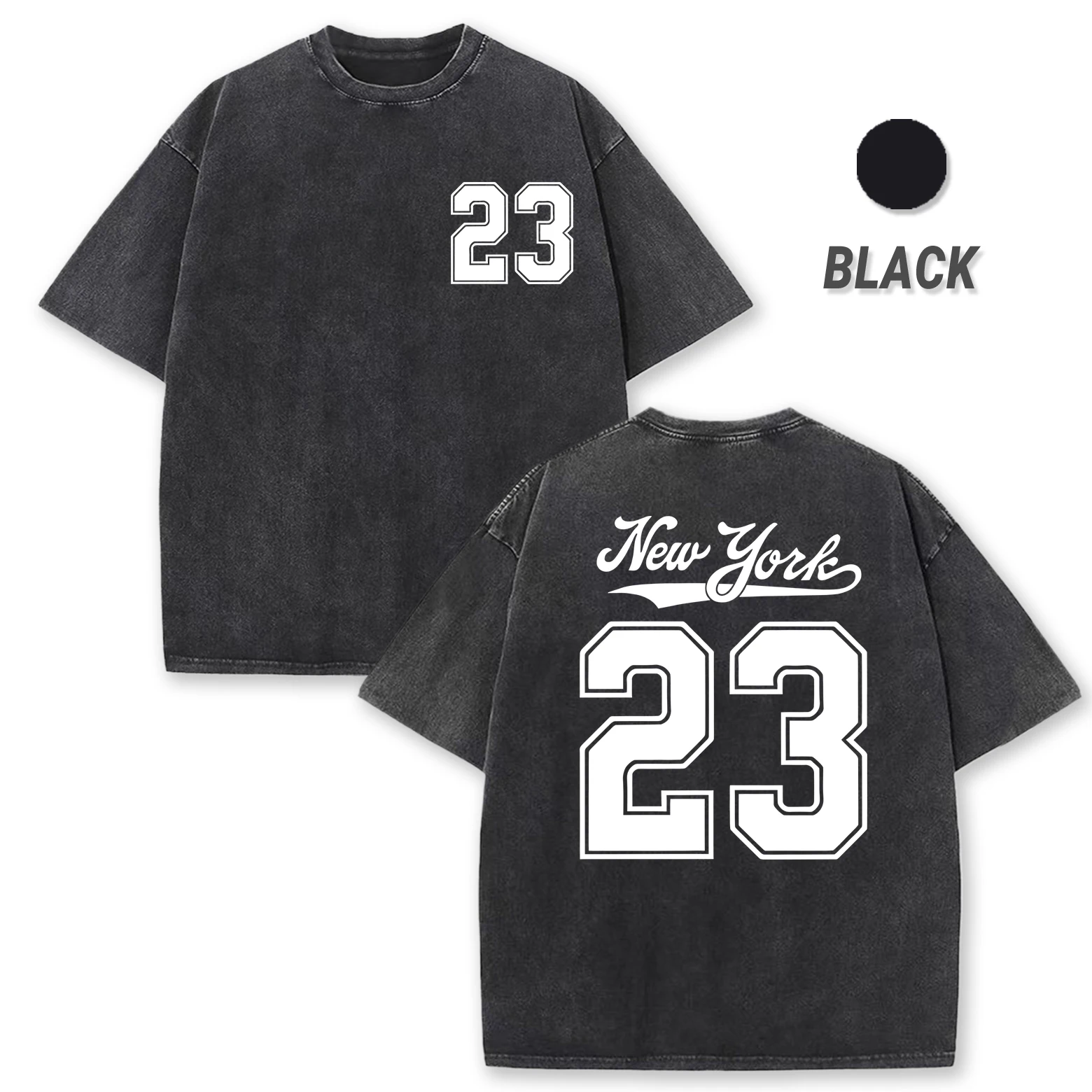 

New York Number 23 Design Men Washed T-Shirt Hip Hop Soft Short Sleeve All-Match Cotton T Shirts Loose Crewneck Streetwear
