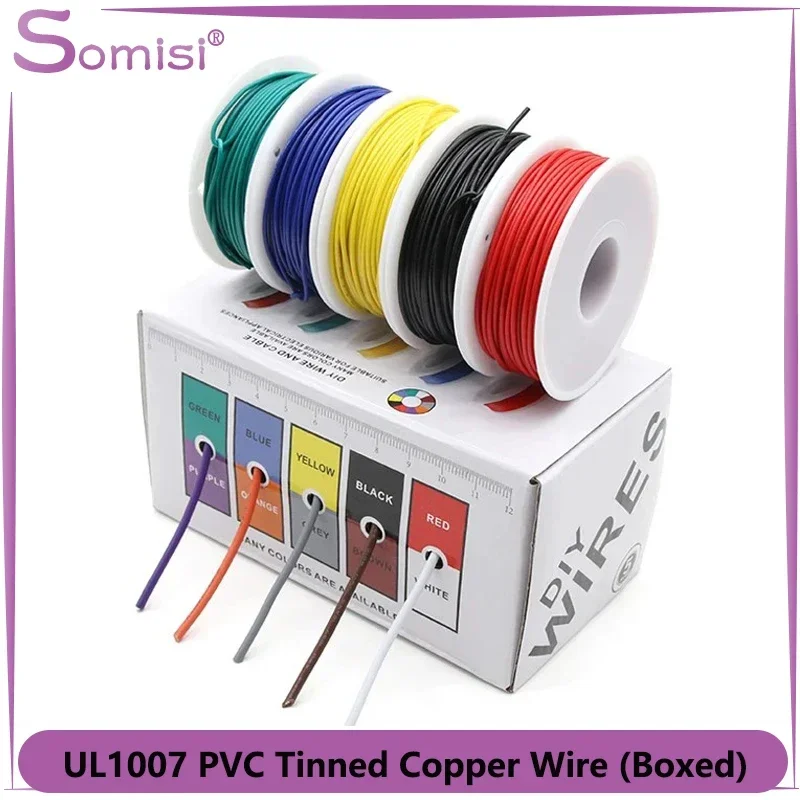 UL1007 Wire PVC Insulation Tinned Copper Cable (5 Colors/ Box）30/28/26/24/22/20/18/16 AWG Stranded Electrical Line PCB Wire