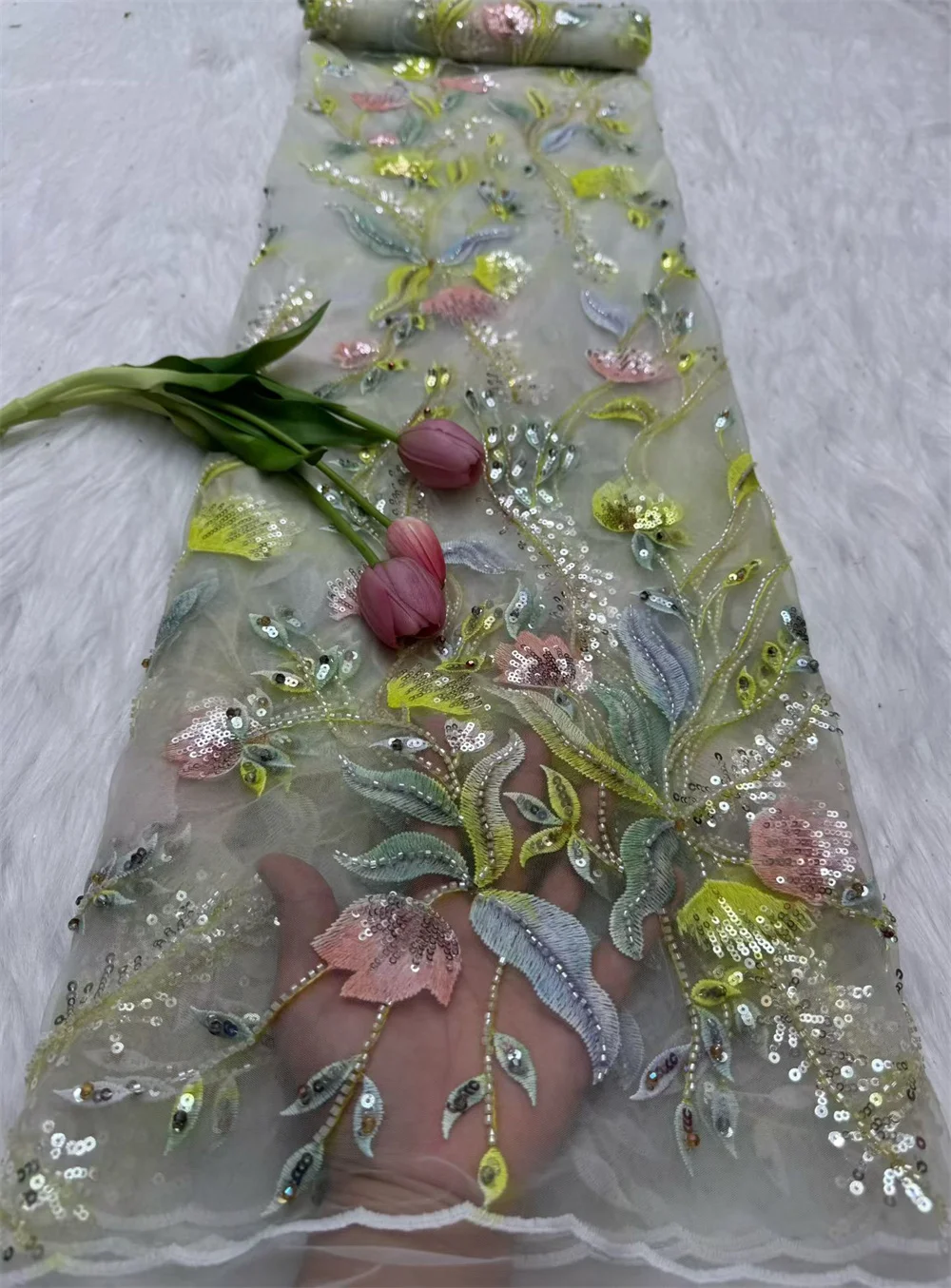 Wholesale Elegant French Embroidery Beaded Lace Fabric Sky Blue African Nigerian With Sequins Fabric For Wedding Dresses Hm172-1