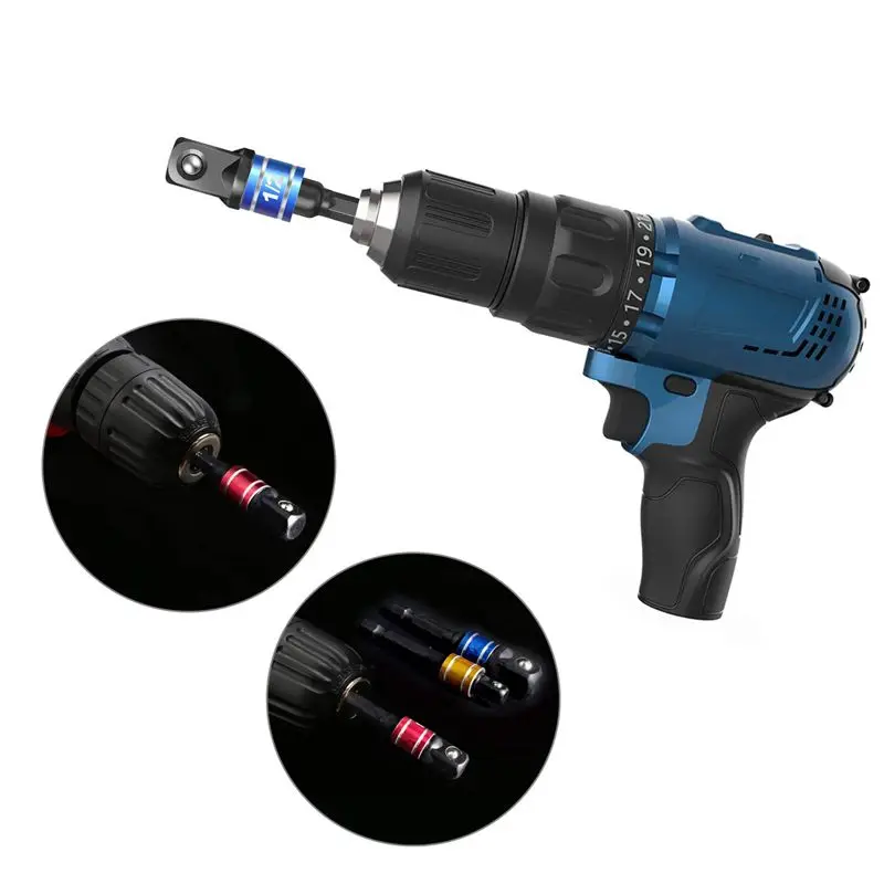 M12K-8 Pieces Impact Driver Socket Adapter Set For 1/4 Inch Hex Shank To Square Socket Turn Power Drill Into Nut Driver
