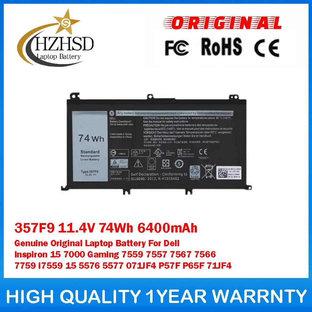 357F9 11.4V 74Wh 6400mAh Genuine Original Laptop Battery For Dell Inspiron 15 7000 Gaming 7559 7557 7567 7566 7759 I7559 15 5576