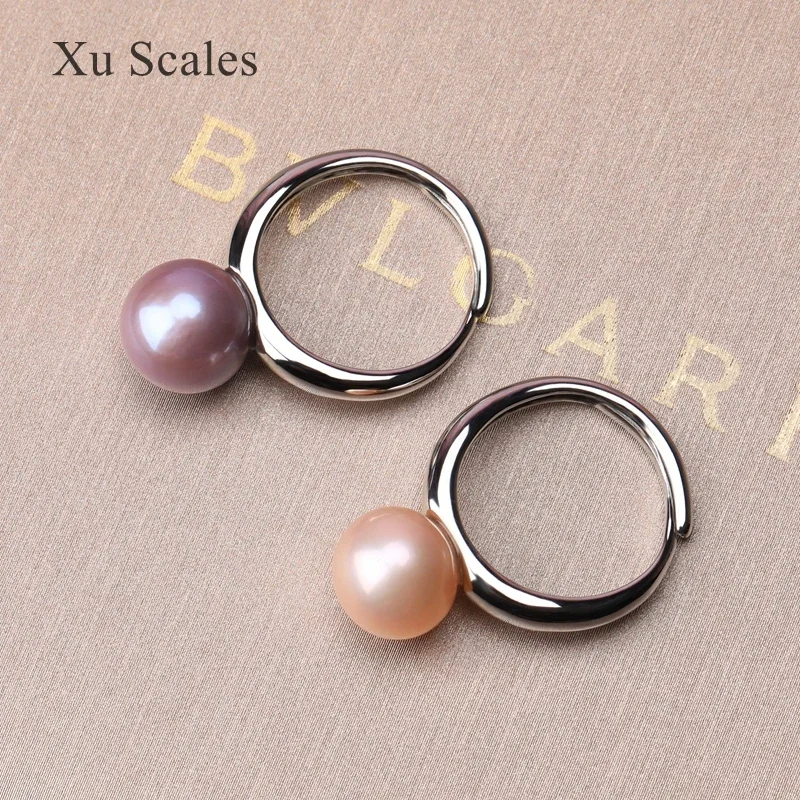 Pure Natural 9-10mm Round Fresh Water Edison Pearl Ring 925 Silver Women's Adjustable Fashion Gift Exquisite Simple Jewelry