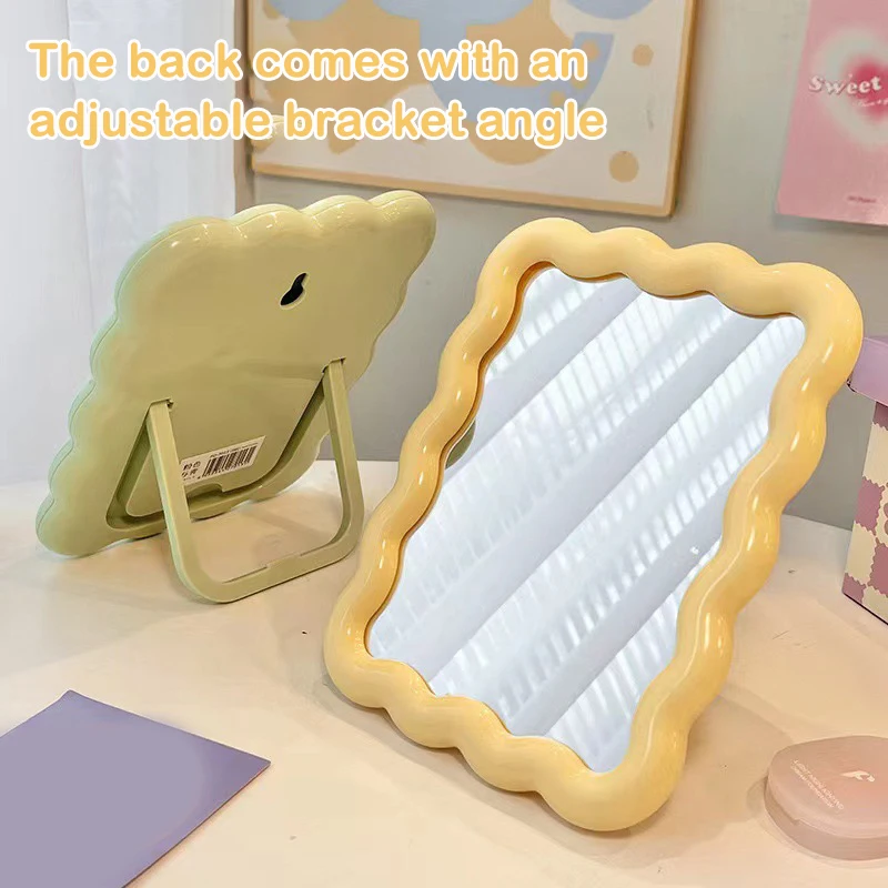 Cream Wave Mirror Wall Hanging Corrugated Desktop Makeup Mirror Foldable Solid Color Simple Portable Handheld Makeup Mirror