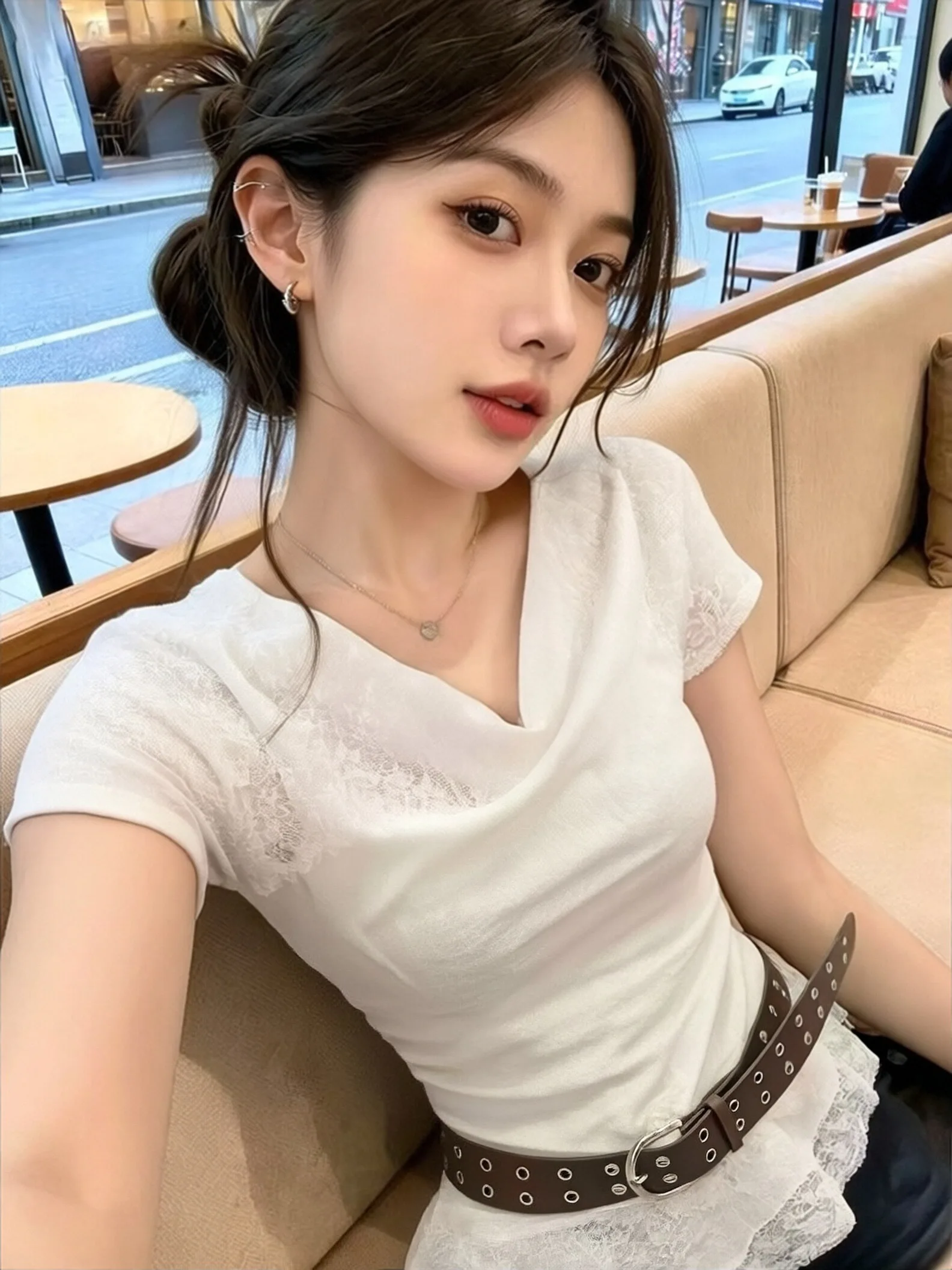 

French Style Lace Tie Waist Shirt Women's Summer Design Sensation Drifting Belt Popular Beautiful Top Bamboo Fiber Universal Fit