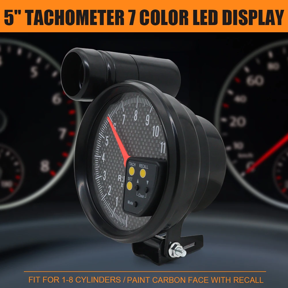 5 Inch RPM Meter Tachometer 11000k With Shift Light Racing Car Gauge 7 Color Backlight 12v For 1-8 Cylinder Engine Vehicles