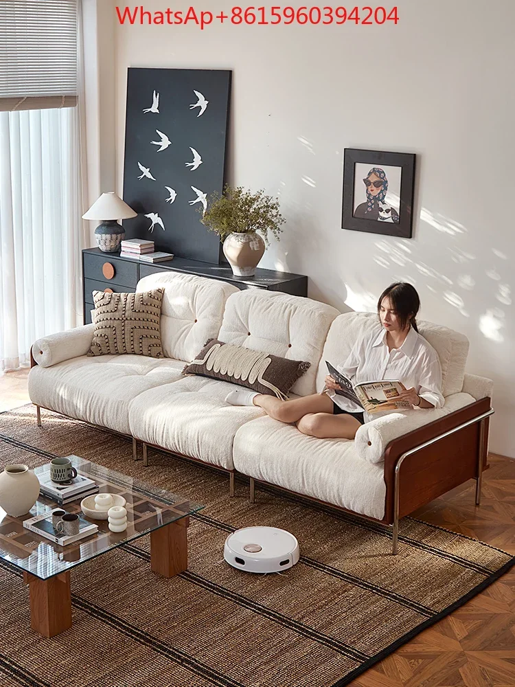 retro solid wood sofa small apartment living room straight row removable and washable medium ancient cloud chenille fabric sofa