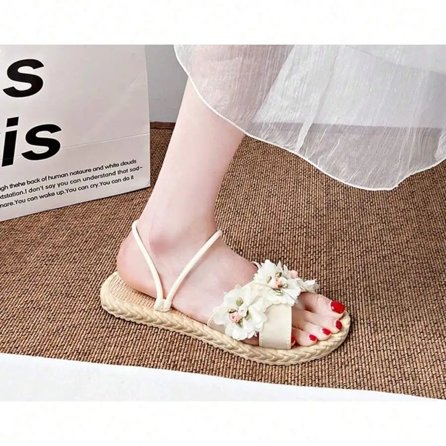 

Womens Floral Flat Sandals With Braided Sole, Casual Summer Beach Style