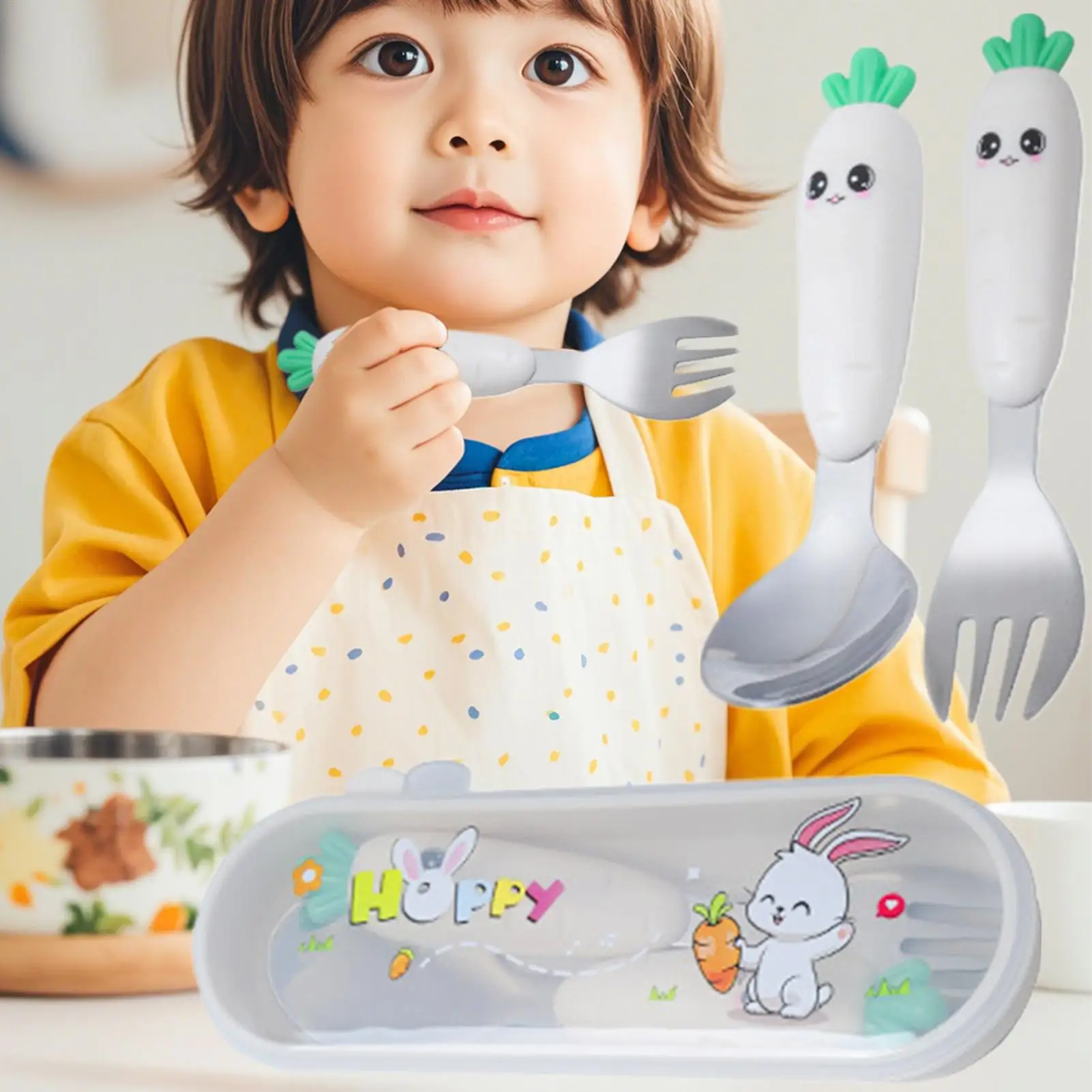 Set di utensili per bambini Kit di posate per bambini in acciaio inossidabile con custodia Set di stoviglie per alimentazione comprese forchetta e cucchiaio per
