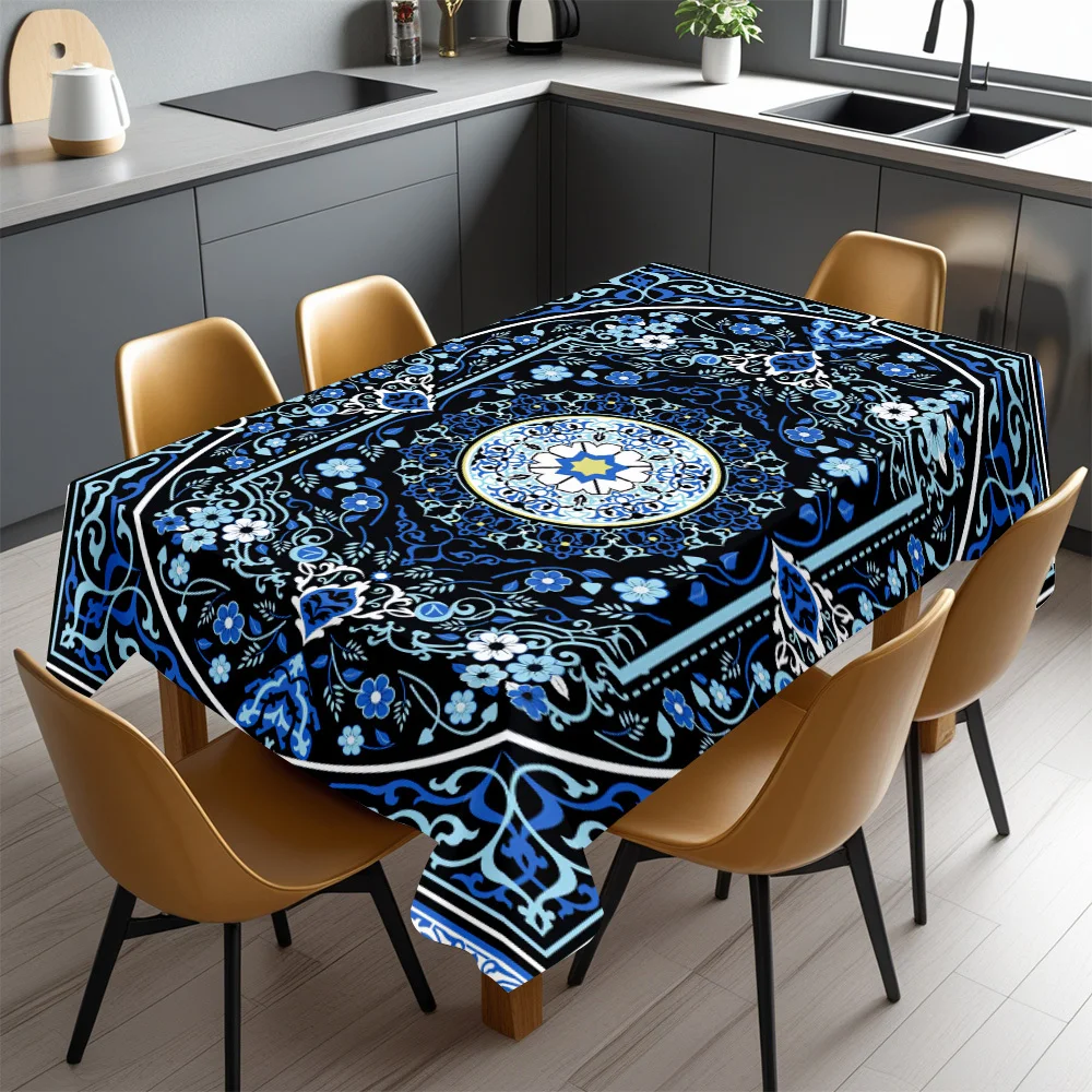 Elegant Blue Floral Pattern Waterproof Tablecloth for Dining Room Home Decor Picnic Outdoor Indoor Use