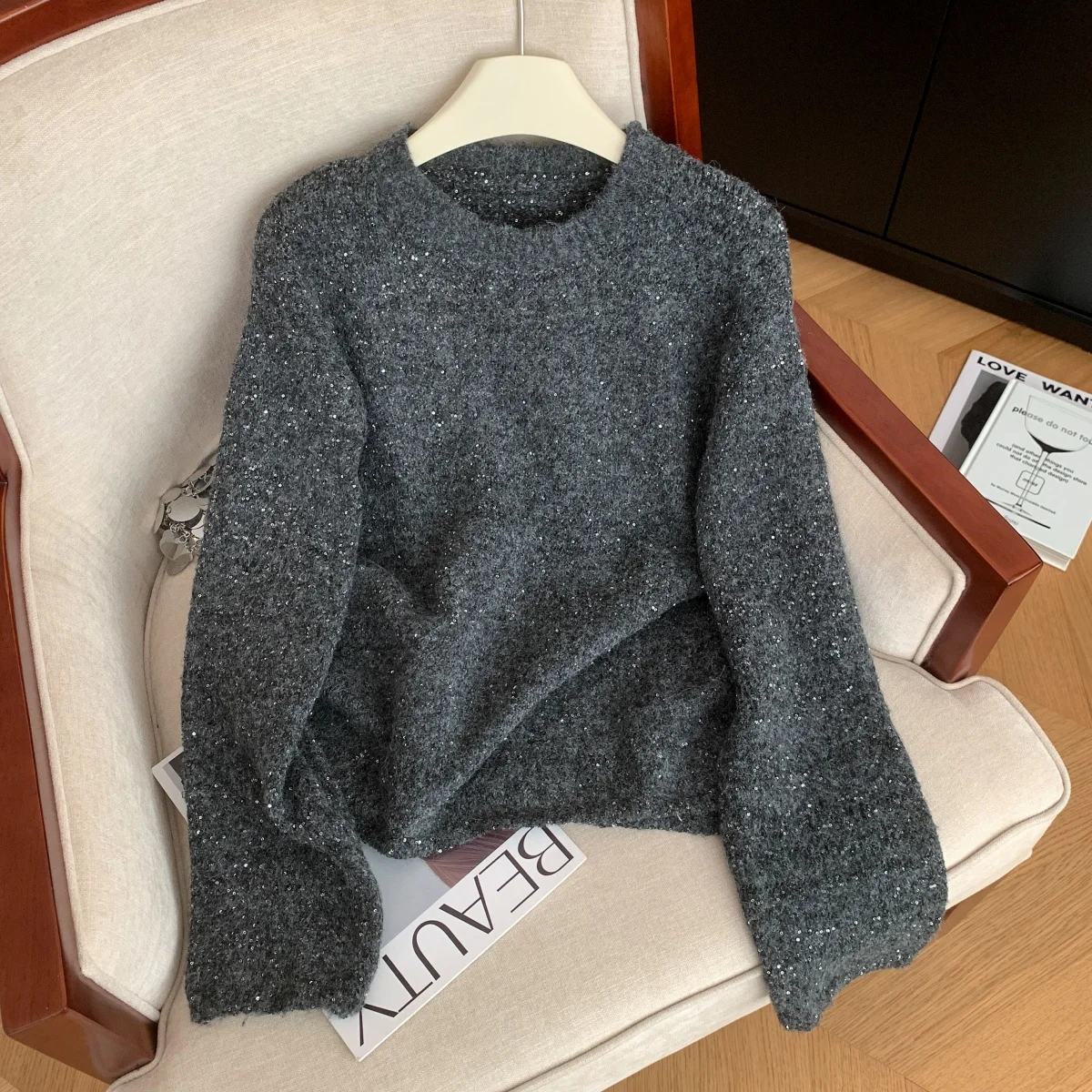 

Женский серый пуловер, свитер, винтажный джемпер 2000-х годов Y2k, трикотаж, корейский уютный свитер с круглым вырезом и длинными рукавами, осенне-зимняя одежда 2025