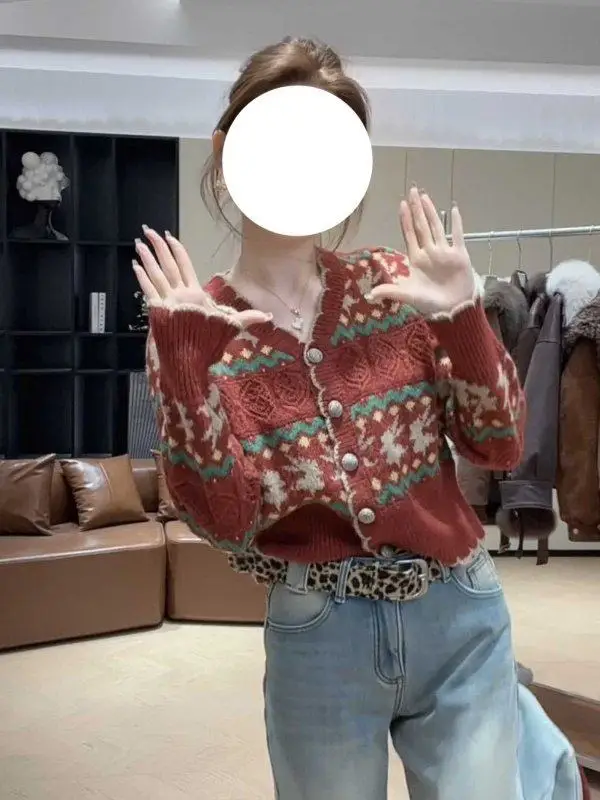 

Retro Sle Fair Isle Knitted Sweater Women's Faion Trend Unique Top Winter New Arrival Soft Medium Thin Long Sve V...