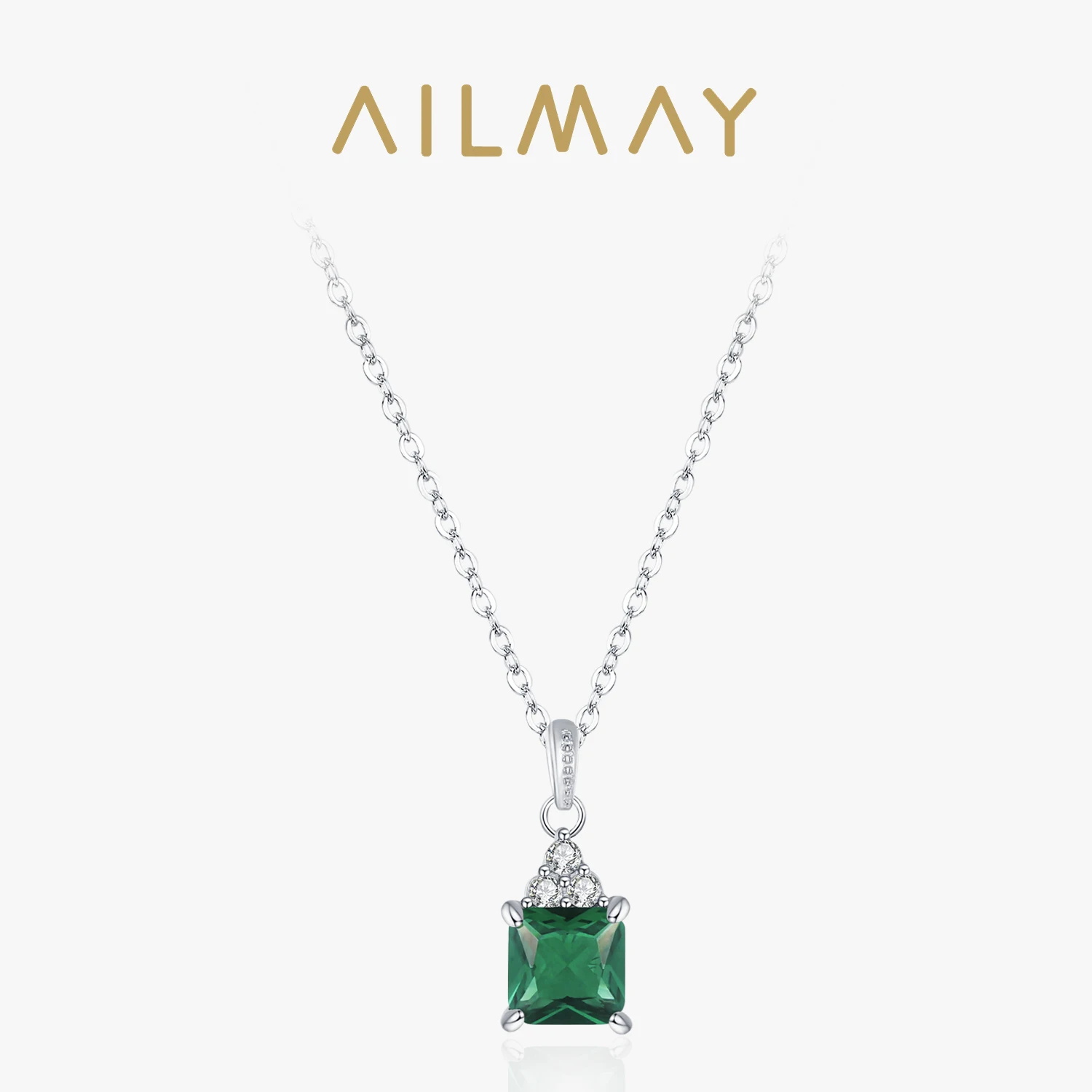

Ailmay Real 925 Sterling Silver Square Green Zircon Pendant Necklace For Women Wedding Engagement Jewelry