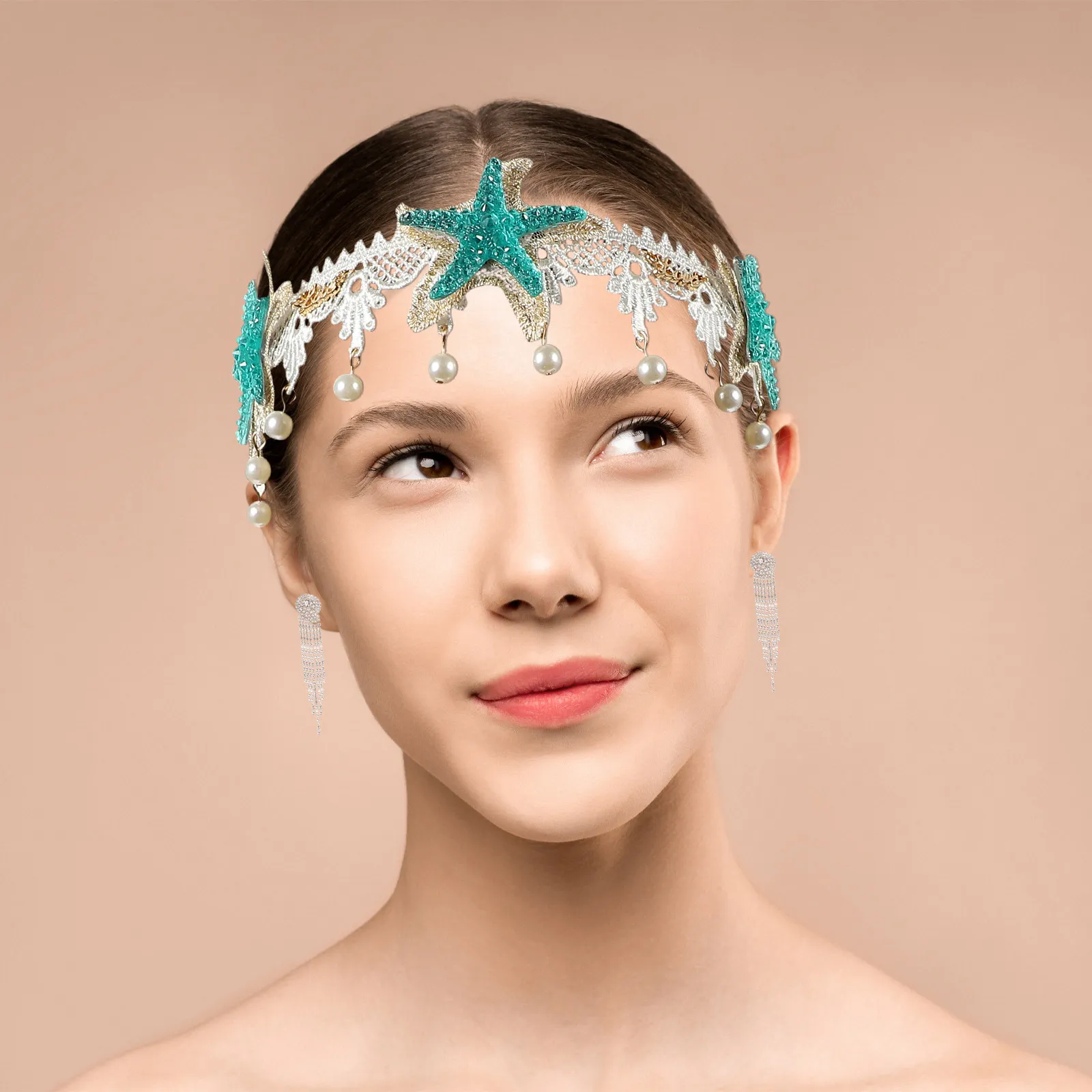 

1Set Sea Star Headband Set Style Bohemia Hair Band Necklace Wrist Decor Wedding Pearl Hair Accessory Women Ornament