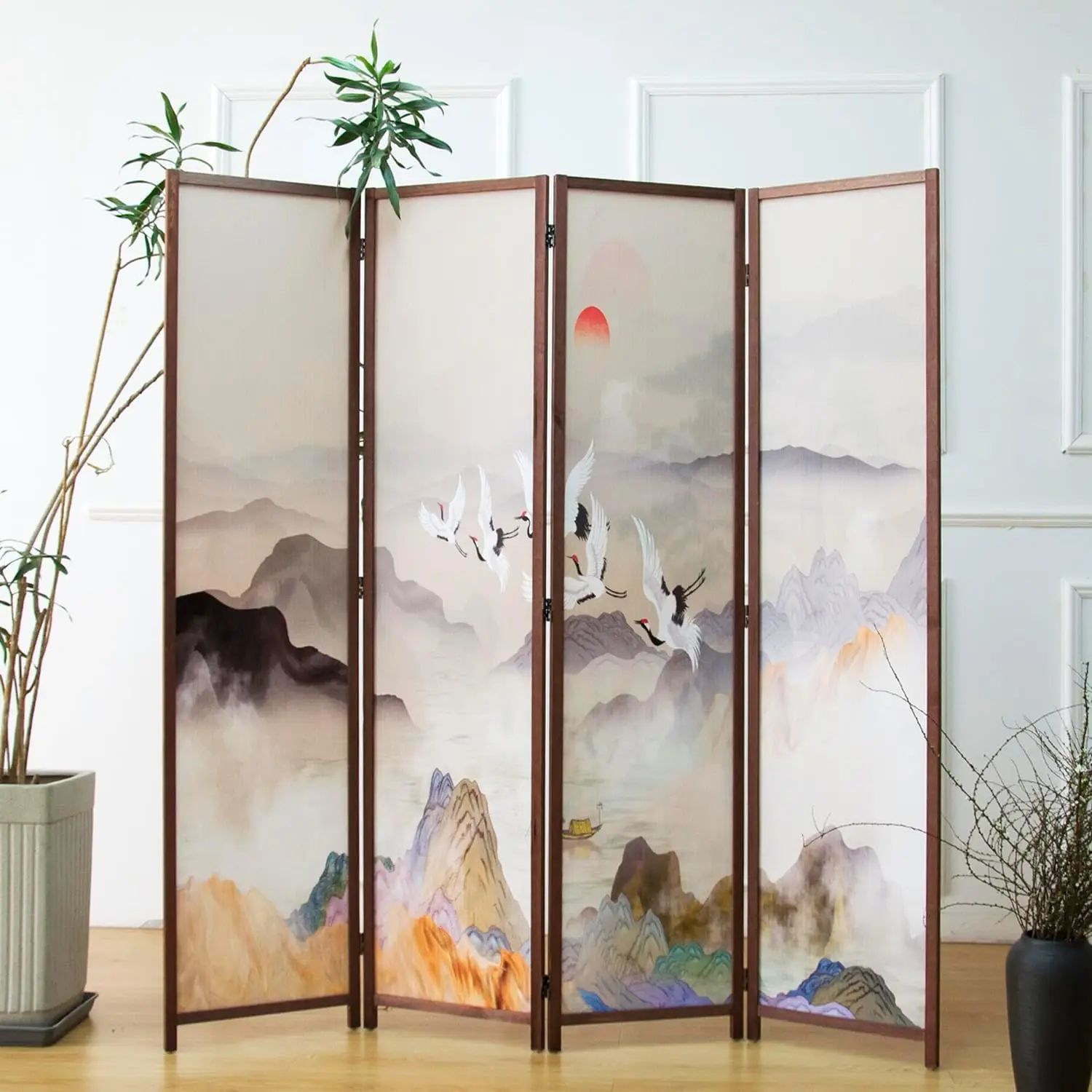 4 Panel Room Divider, Double Sided Folding Privacy Screen, Freestanding Wall Partition Decorative Wooden Panel, Chic Colorful Landscape Printed Divider, Home Office Separation Screen, 67 Inch High 63 Inch Wide Set, Colorful Frame