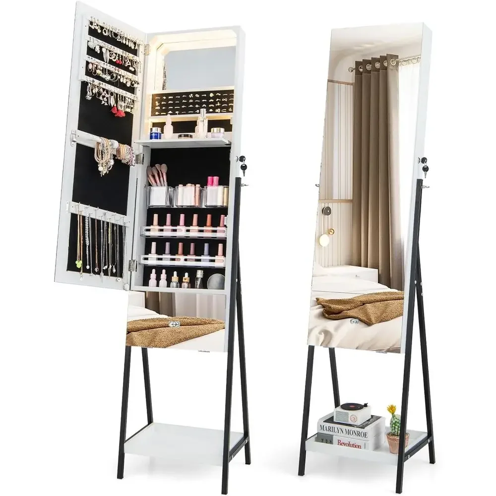White Metal Standing Lockable Armoire with Full-Length Mirror, 3-Color Lights, and Storage Shelves