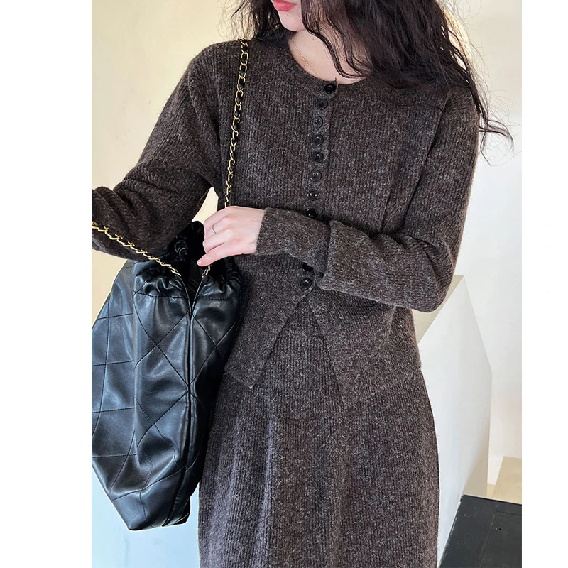 Women Two Pieces Suits O-Neck Knitted Cardigans With A-Line Long Skirt Winter Clothes Tops Tracksuits Ladies Outfits