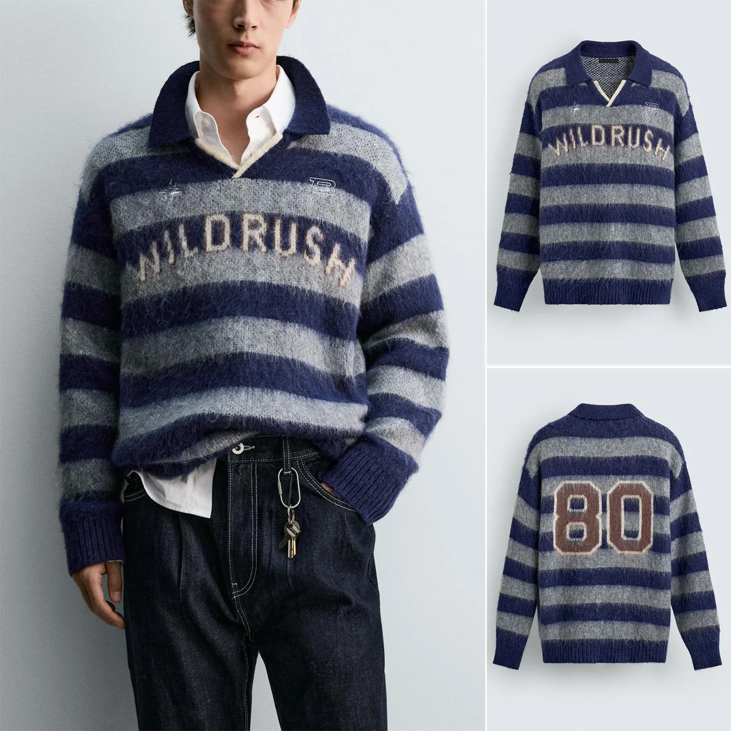 

Новая зимняя мужская вязаная свободная рубашка с длинным рукавом, ребристой отделкой и вышивкой, повседневная, из полиэфирного волокна