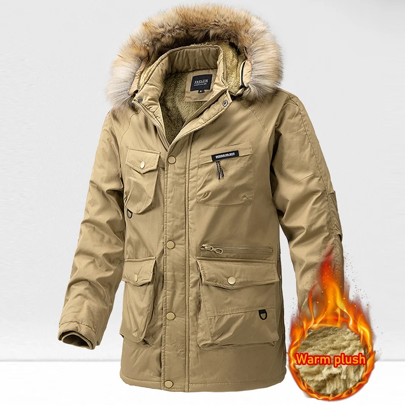 Lange Winterjas Mannen Outdoor Bont Capuchon Heren Heren Windjack Casual Jas Oversized Fluwelen Donzen Jas