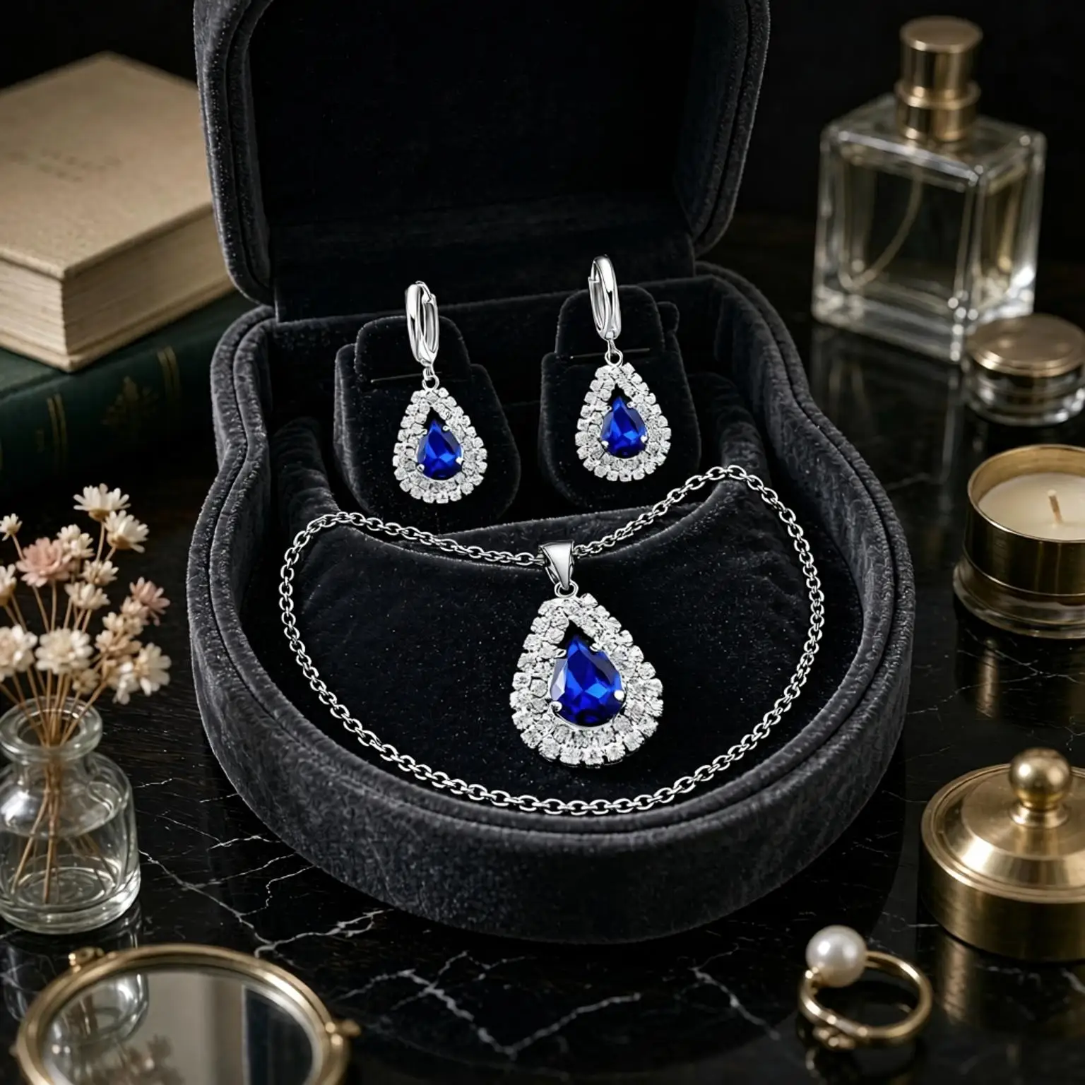 Gorgeous 925 Sterling Silver Water Drop Shape Crystal Zircon Necklace Earrings Set Women Girls Weeding Party Nice Jewelry Gifts