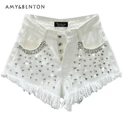Pantalones cortos vaqueros con incrustaciones de diamantes para mujer, Shorts de cintura alta, holgados, adelgazantes, con dobladillo crudo, piernas anchas, novedad de verano 2023
