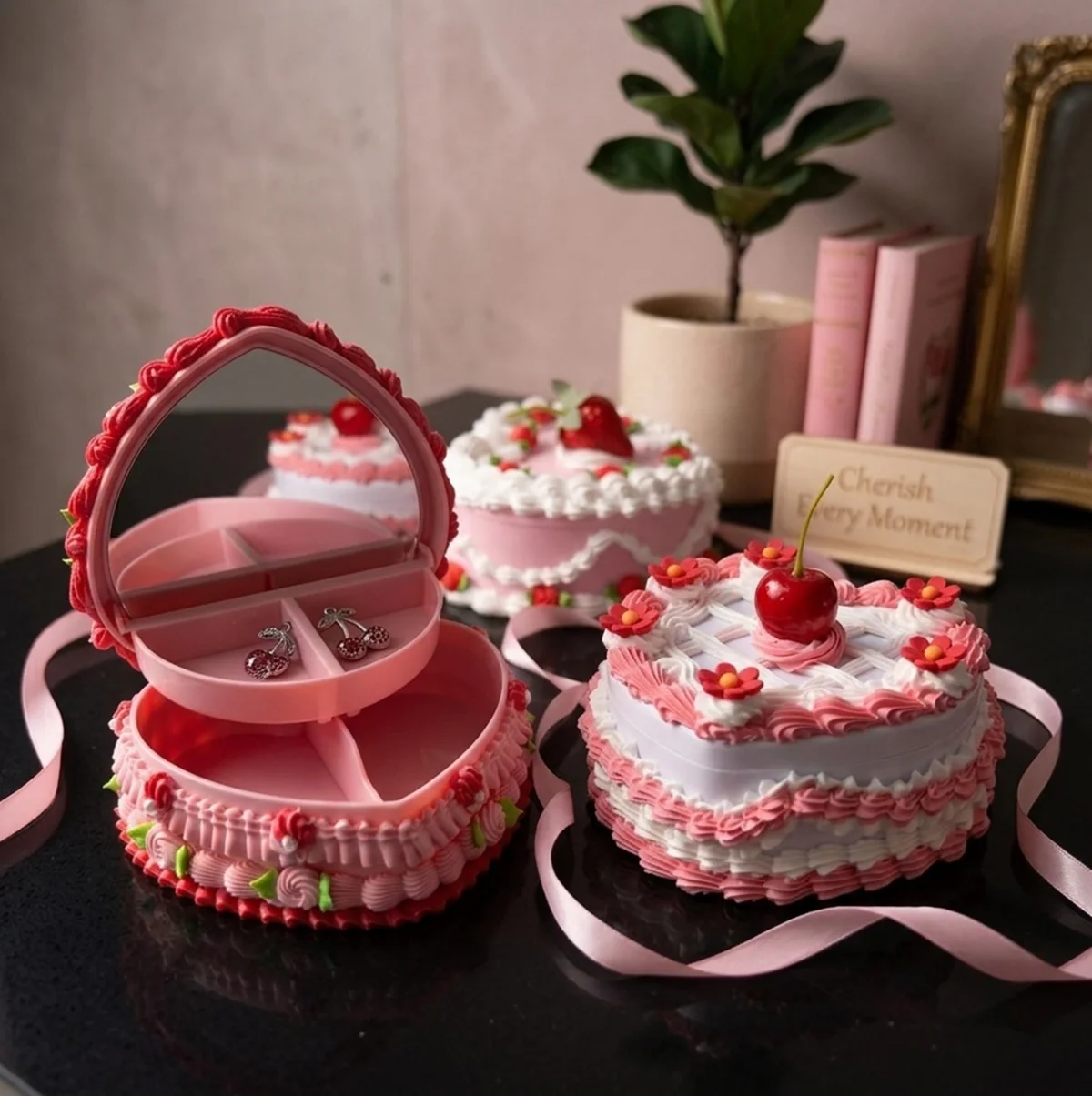 Heart Shaped Cherry Cake Jewelry Box Fake Dessert Storage Case with Mirror Ring Earring Organizer Cute Decor for Women Girls Gif