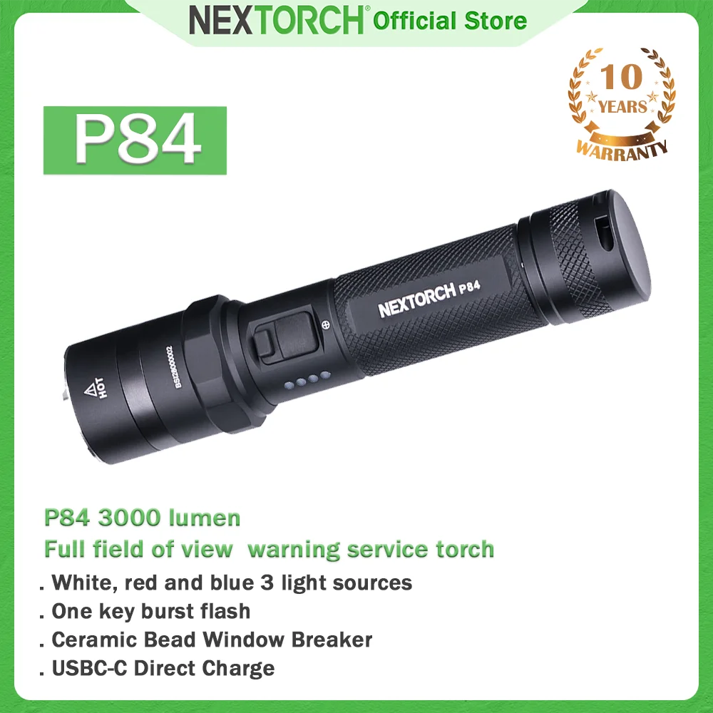 Nextorch-linterna de policía P84 de 3000 lúmenes, antorcha de servicio de advertencia de campo de visión completo, uso policial de servicio, usbc, luz de advertencia