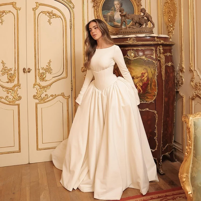 

Eightree White A-Line Wedding Dresses Scopp Neck Long Sleeve Satin Evening Wedding Ball Gowns Women Bridal Prom Dress Customized