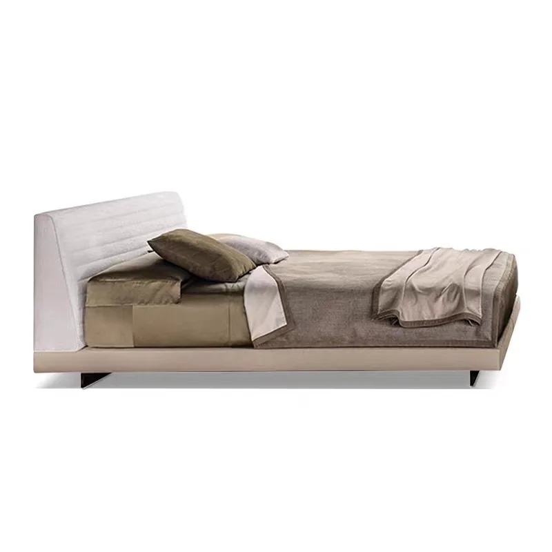Italian minimalist master bedroom double bed, modern minimalist cotton and linen fabric soft bag bed