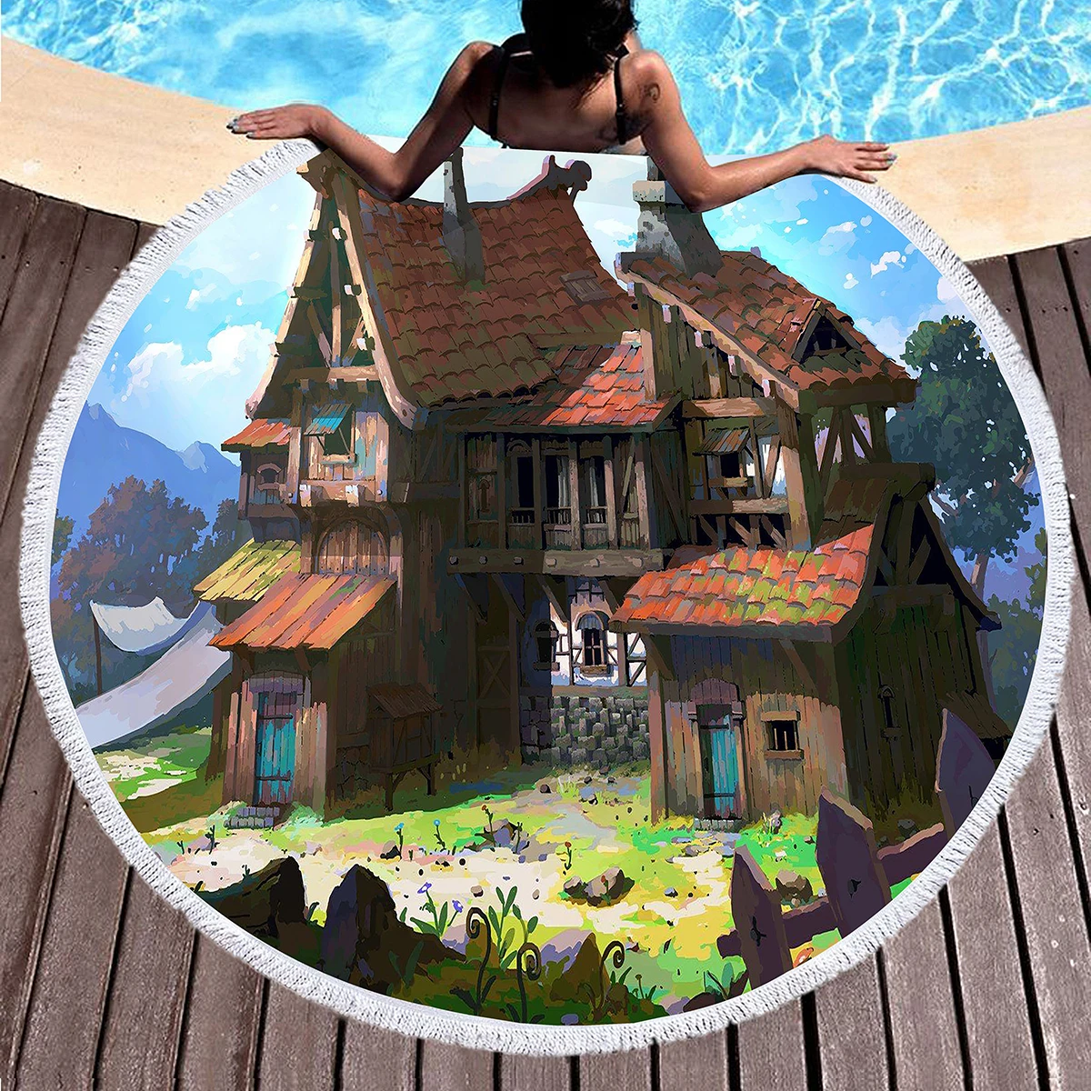 Round Beach Towel,Cartoon Fairy Tale Hedge House Sand Resistant Shawl Beach Blanket,Absorbent Quick Dry Pool Towel Picnic Mat