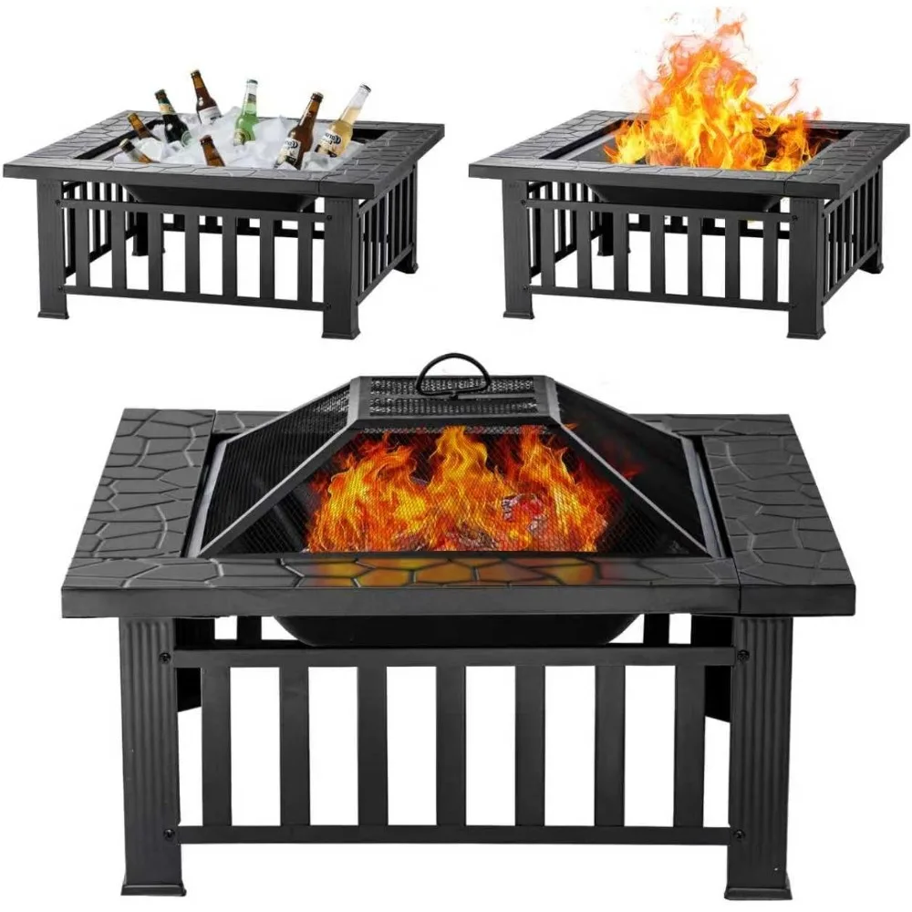 

Fire Pit Table 32 Inch Square Metal Stove for Patio, Backyard, Garden | Multifunctional Outdoor Fireplace for Camping, Heating