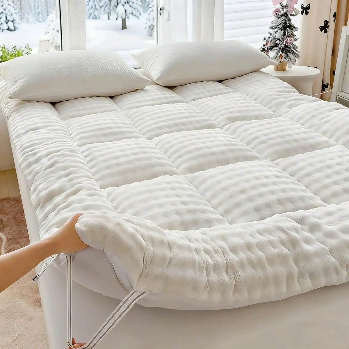 Oaskys Cute Soft Mattress Topper - Comfort Breathable Fiber Filling Folding Roll Up Mattress Sleeping Pad, 6-8cm Warm Thickness Quilted Mattress Topper For Sleeping
