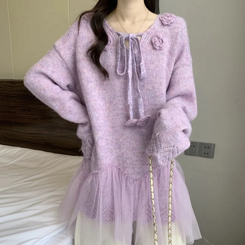

Women Knitted Pullovers Sweaters Mesh Solid Jumpers Spliced 3D Flower V Neck Long Sleeves Loose Office Lady 2025 Autumn Winter