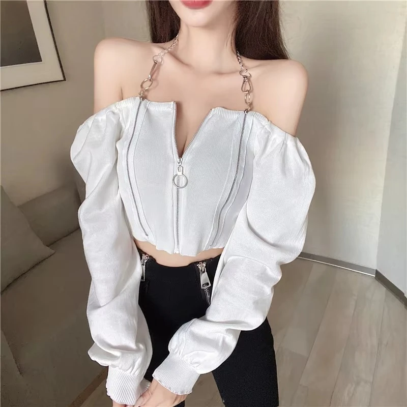 Women Off Shoulder Slash Neck Knitted T Shirt Metal Chain Gothic Punk Crop Top Slim