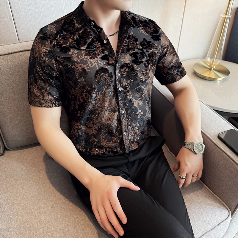 

Chinese Style Summer Men Jacquard Shirts High Quality Short Sleeve Men's Social Shirt Thin Mesh Prom/Party Tuxedo Dress 4XL-M