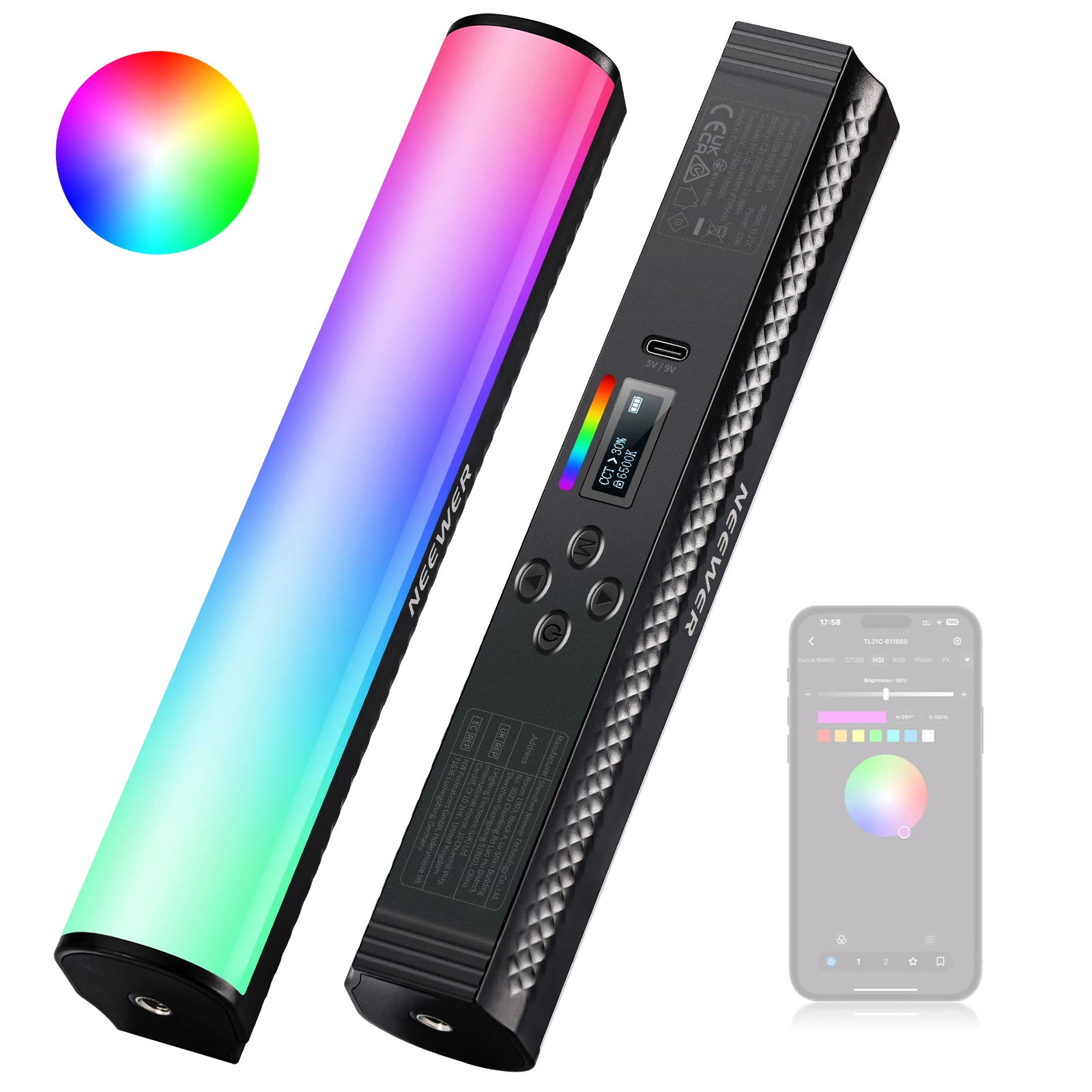 NEEWER RGB-Lichtstab mit APP-Steuerung, magnetischer Handheld-Fotografie-Video-Lichtstab, 2500 K ~ 8500 K, vollfarbige LED-Röhrenleiste – Detail 1