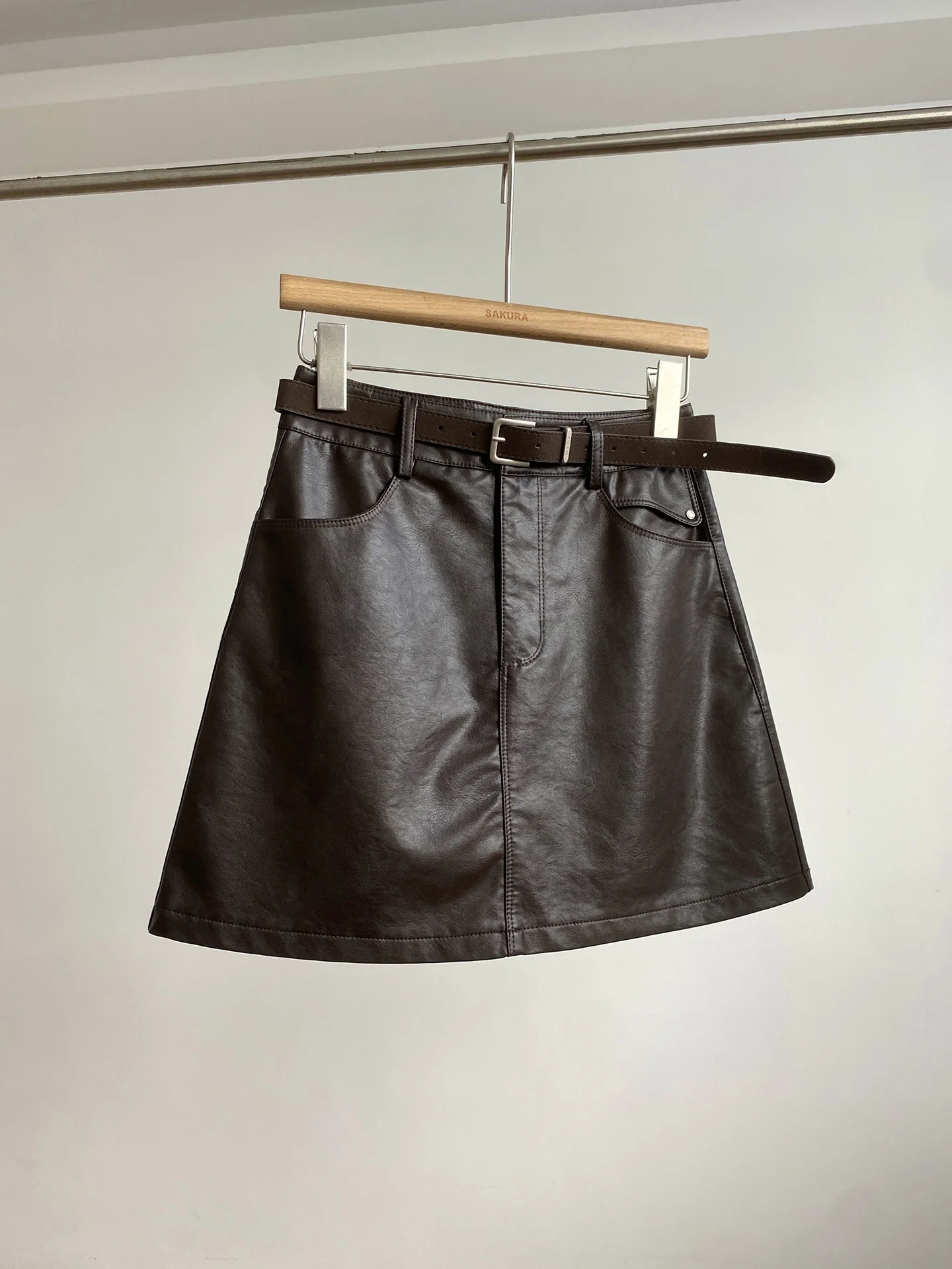 High Waist PU Leather A-Line  Skirt for Women Black Belted Autumn Fashion Slimming Style Ladies' Polyester Fiber Skirt