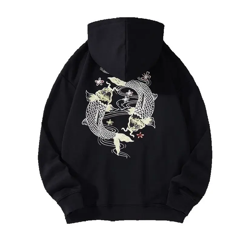 

Autumn Winter Hoodies for Men Brocade Carp Embroidery Knit Sweatshirt with Hat Oversize Pullovers Cotton Thick Male Clothing
