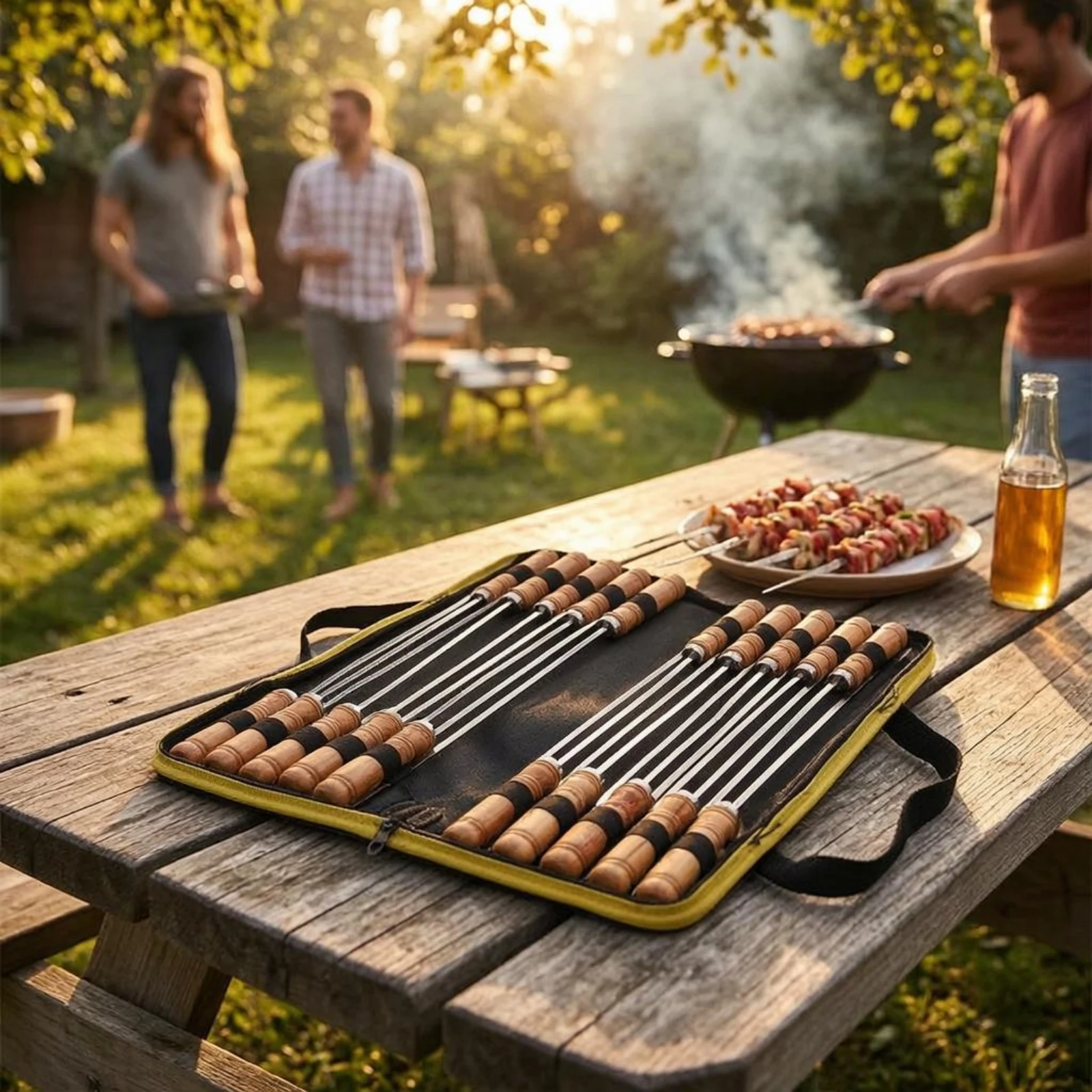 

20 Pieces Straight Barbecue Skewers Wooden Handles Wood Handle Shish Skewer Wood-Handled Skewers Zippered Carrying Case
