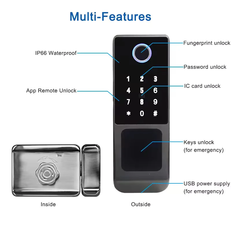 Outdoor Double Security Front Waterproof Digital Biometric Fingerprint Smart Ttlock Keyboard Rim Lock Remote for Wooden Door