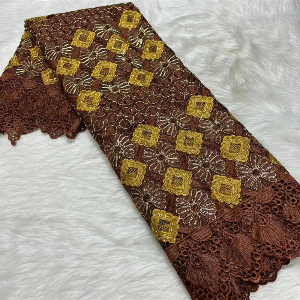 

New Design Guipure Lace Fabrics Gold Embroidery African Cord Lace Blue French Lace Fabrics 5 Yards