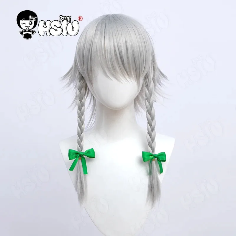 

Izayoi Sakuya Cosplay Wig Anime TouHou Project Cosplay HSIU Silver and white double braided short hair Free Wig Cap