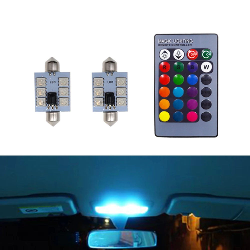 2X C5w Car Led RGB 5050 6SMD 41mm Festoon Dome Car Door Lights Automobile Remote Controller Colorful Lamps Roof Atmosphere Bulbs