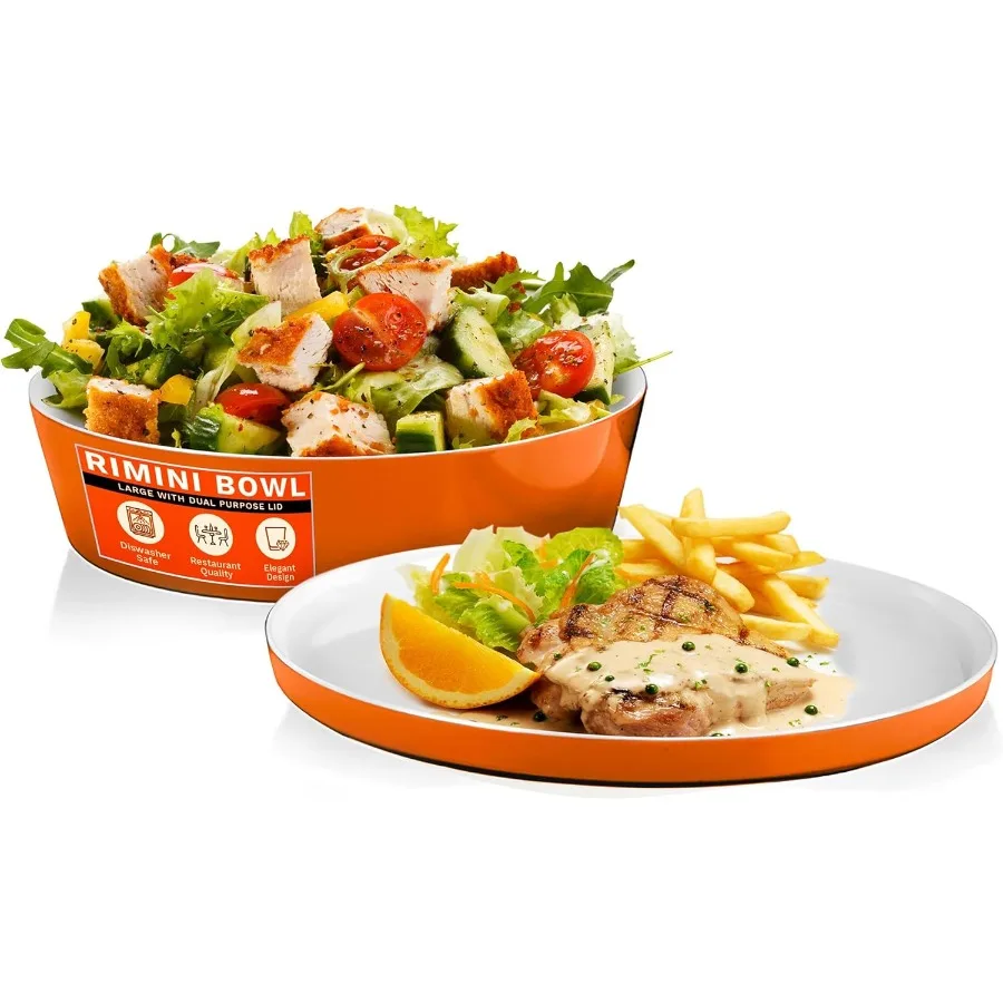 

Rimini Large Orange Bowl DualPurpose Lid Plate Dishwasher Safe Meal Prep Pasta Fruits Salad Serving Bowl Microwave Safe Plastic
