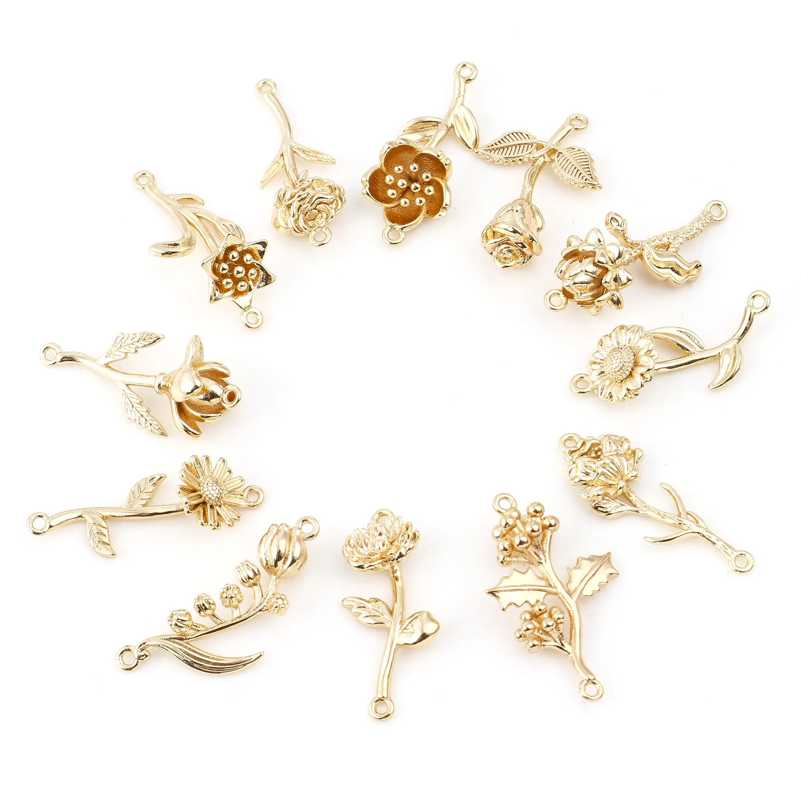 2pcs Birth Month Flower Brass Charms Connectors 18K Gold Plated Flower Pendants Necklace Making Accessories Women Jewelry Gift