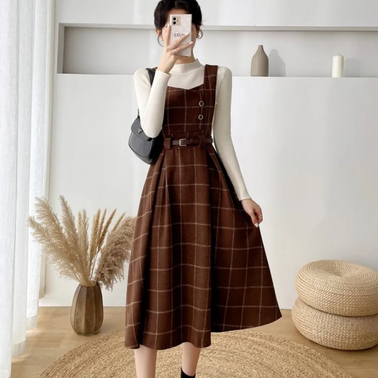 Autumn Winter Lady fashion Overalls 2 Piece Set Dress Women Turtleneck Knitted Sweater Top + Plaid Tweed Slim Big Swing Dress