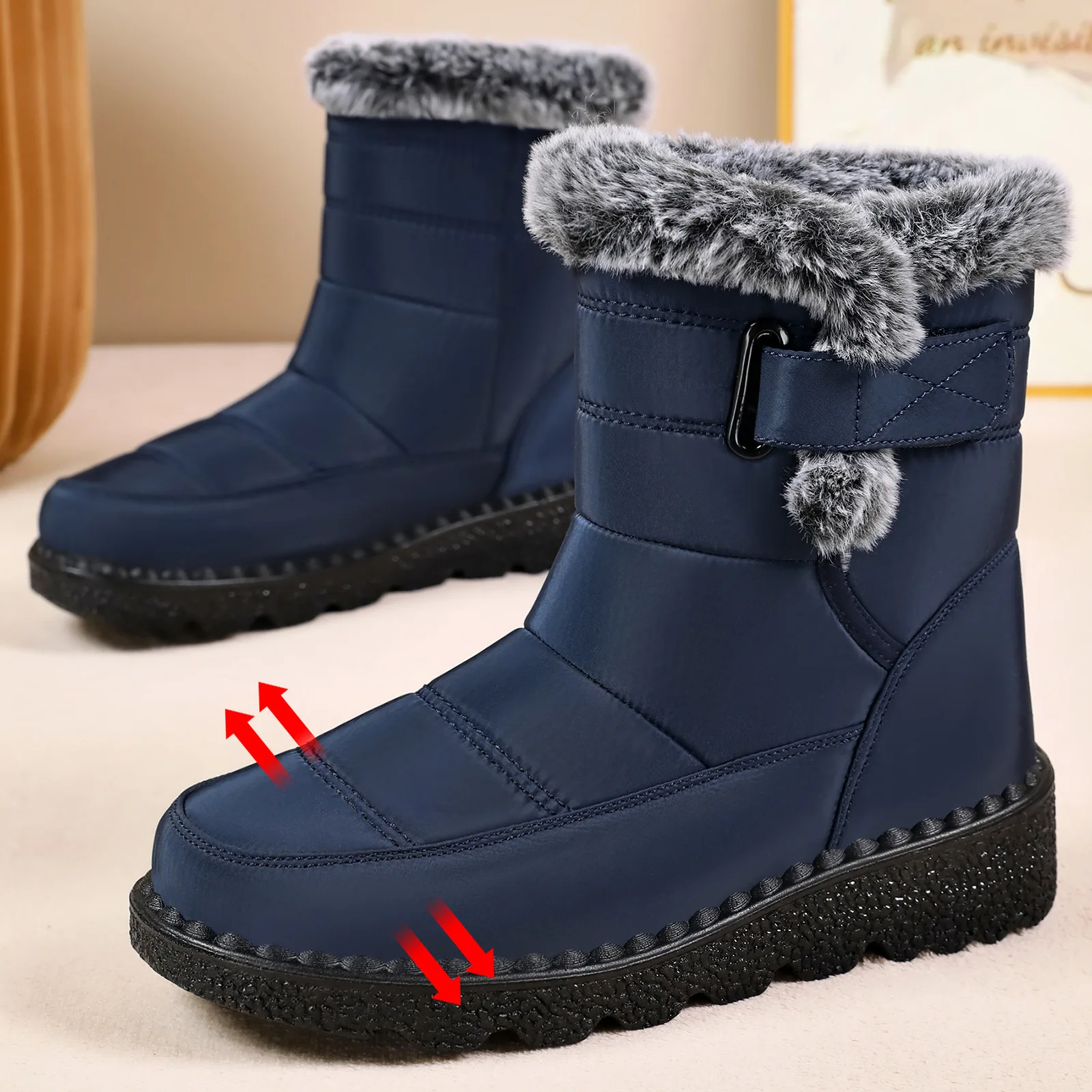 Damen-Schneestiefel bis zur Mitte der Wade, warm, mit Plüschfleece gefüttert, mit Klettverschluss, Pompon-Dekor, rutschfeste dicke Sohle, Winter-Freizeitschuhe für kaltes Wetter. – Detail 5