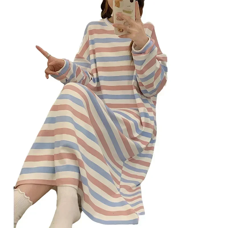 Piece Nightgown 2023 Dress Loose Nightwear In Women Striped Night New Pajamas Woman Home One Long Sleepwear Casual Autumn Sleeve