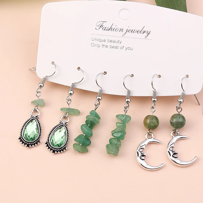 3 Paar/Set Modische Türkisfarbene Wassertropfen-Ohrringe für Damen, Legierung, Mond-Hängeohrringe, Mädchen, Party, Festival, Schmuck, Geschenke – Detail 3