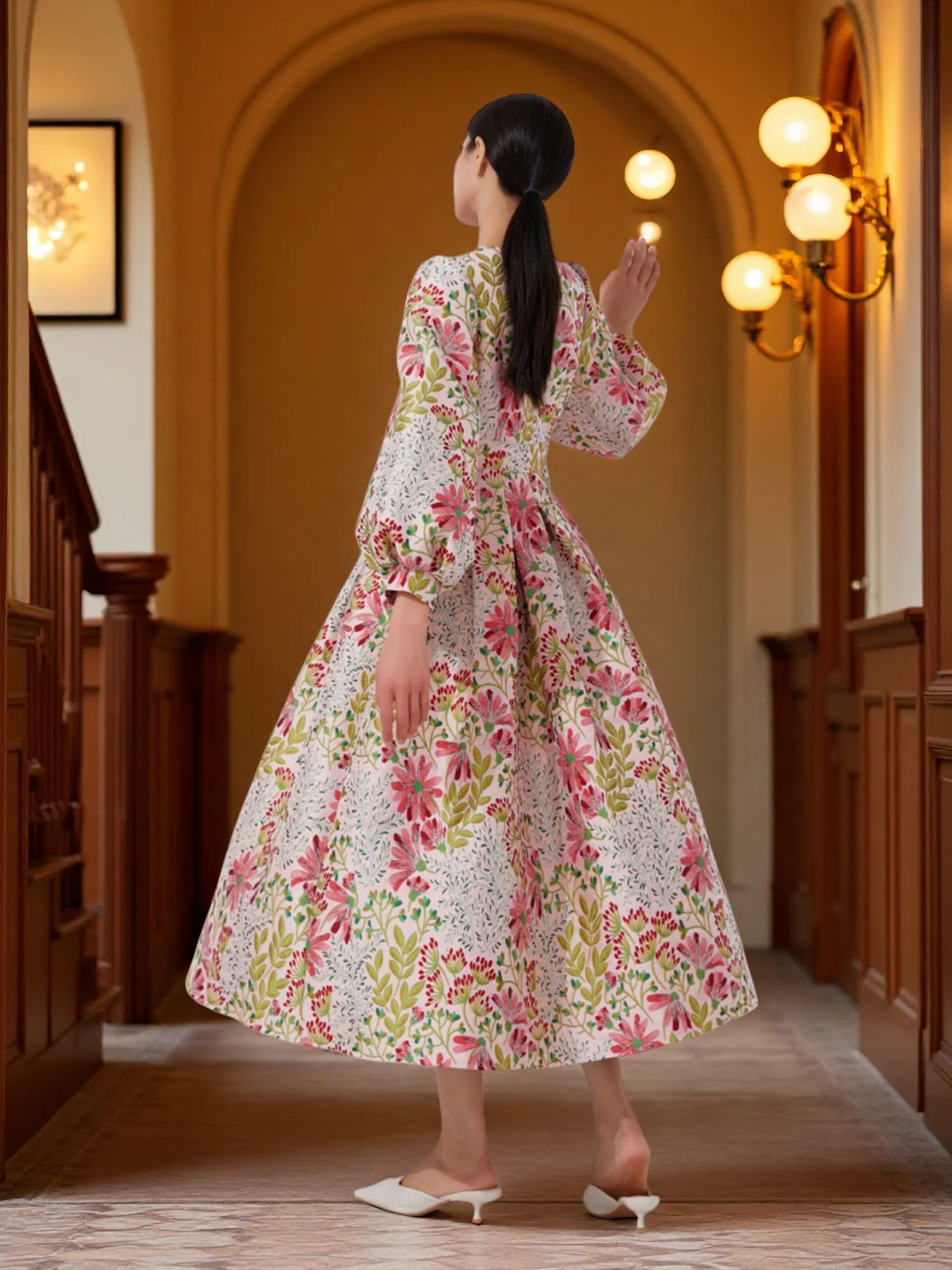 Winter and autumn luxurious and elegant lantern-sleeved wide-sleeved formal evening dress for banquets, wedding guests' attire image 2