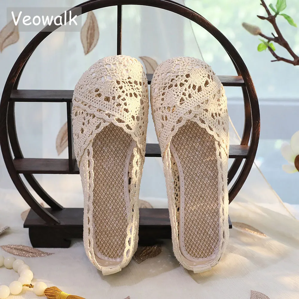 Veowalk Summer Women Lace Cotton Slip On Ballet Flats White Gray Comfortable Ballerinas Casual Walking Shoes for Elegant Ladies